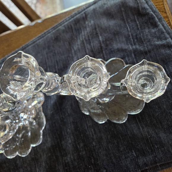 Elegant  "Caprice" Cambridge Glass Cascading Swirl 3 Lite Candle Holder Pair - Picture 4 of 10